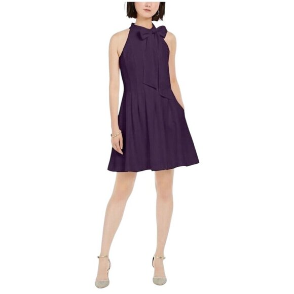 Vince Camuto Plum Sleeveless Bow Neck Crepe Fit and Flare Dress Sz 8 - Picture 1 of 11